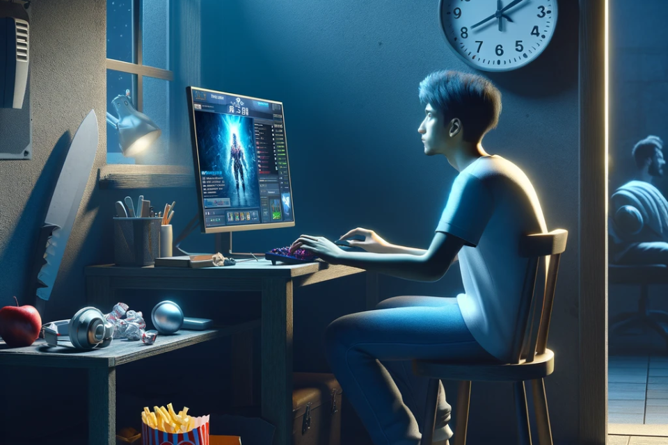 Latin American gamer engrossed in online gaming in a dimly lit room with a mix of healthy and unhealthy snacks, a clock showing long hours, and a window contrasting the indoor gaming environment with the outside world.
